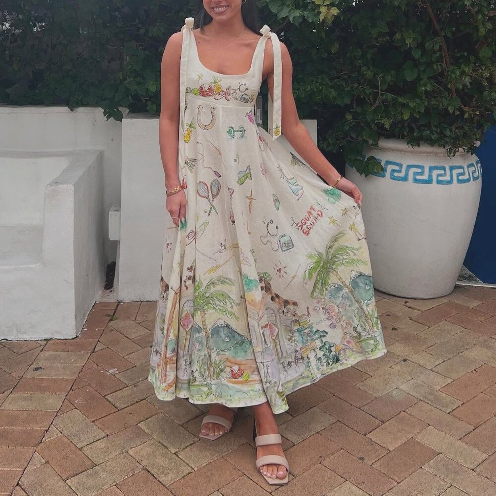 ALÉMAIS + Anouk Colantoni Ballet tie-detailed printed shirred linen dress